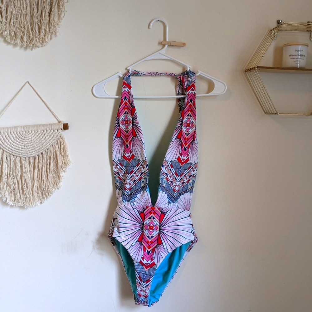C Apparel pink and blue Aztec print deep v one piece bathing swim suit